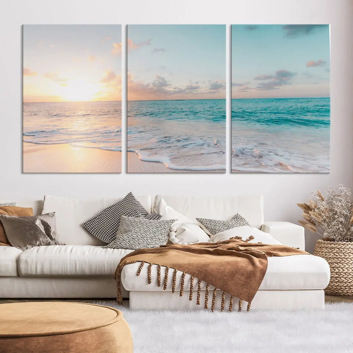 Appealing Sunset on Beach Canvas Wall Art Coastal Ocean Print