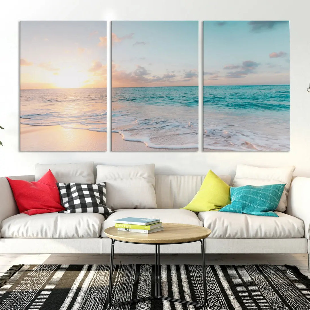 Appealing Sunset on Beach Canvas Wall Art Coastal Ocean Print