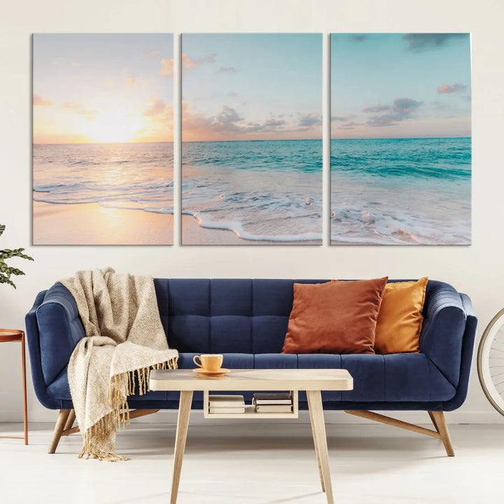 Appealing Sunset on Beach Canvas Wall Art Coastal Ocean Print