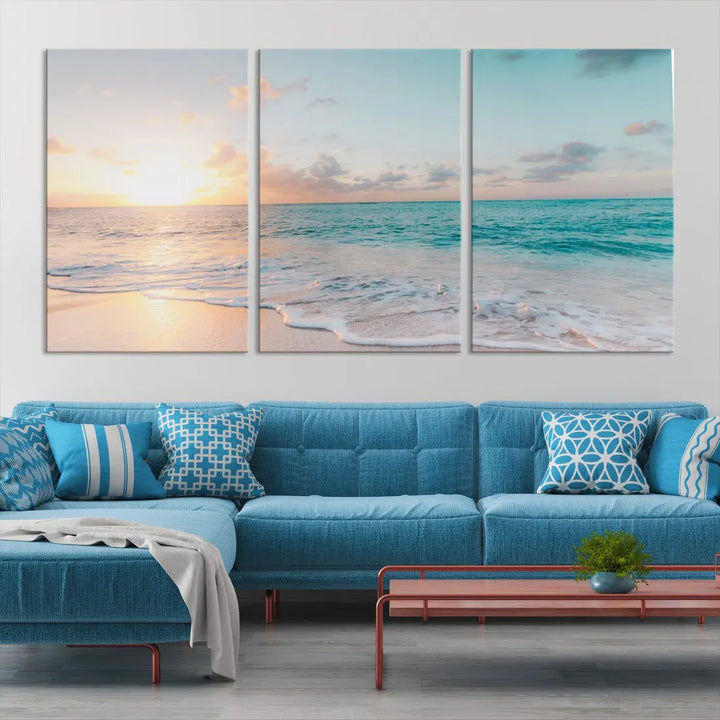 Appealing Sunset on Beach Canvas Wall Art Coastal Ocean Print