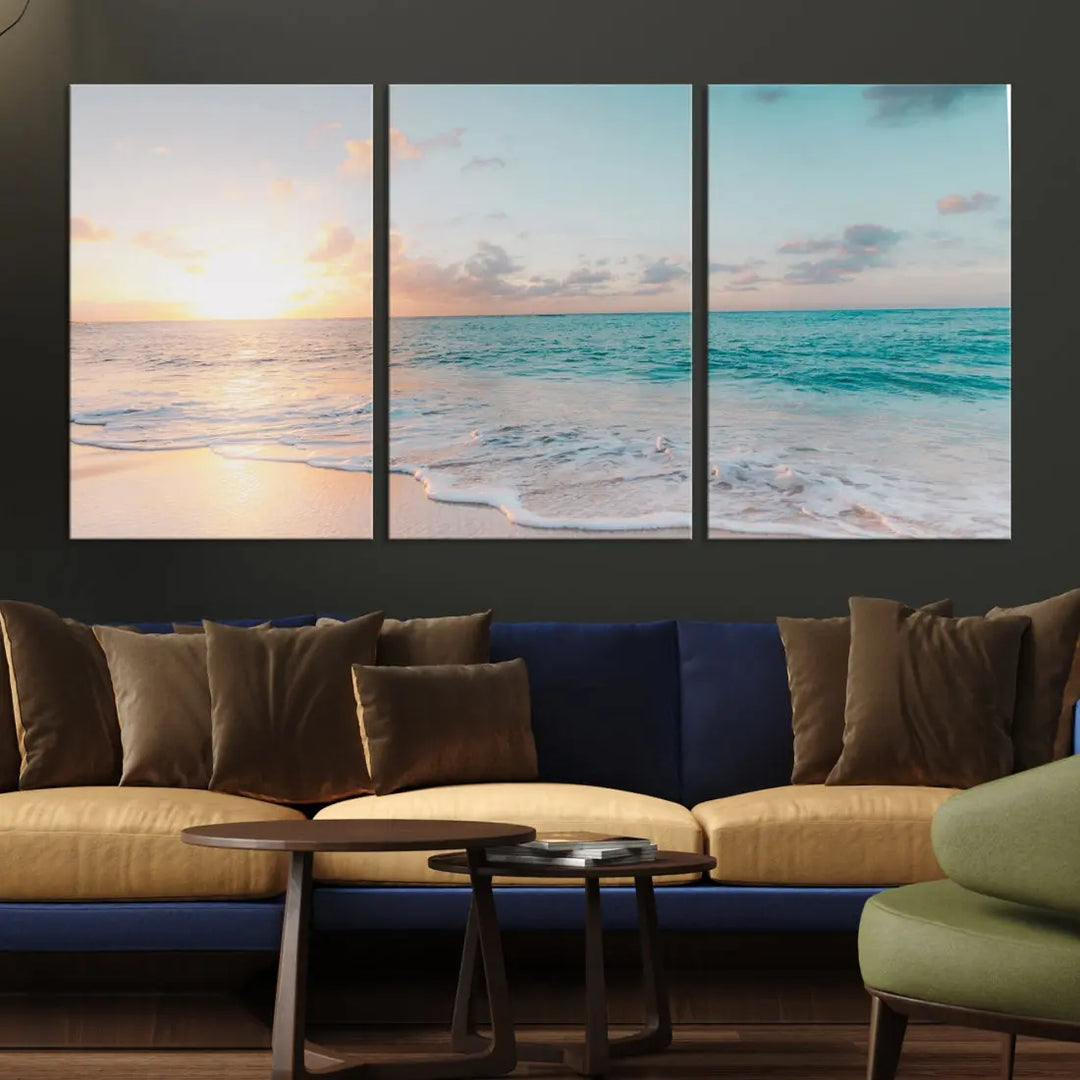 Appealing Sunset on Beach Canvas Wall Art Coastal Ocean Print