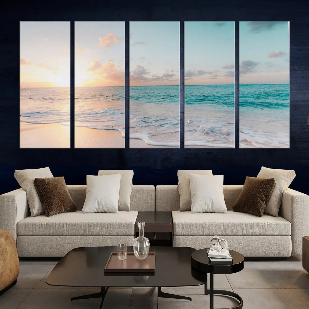 Appealing Sunset on Beach Canvas Wall Art Coastal Ocean Print