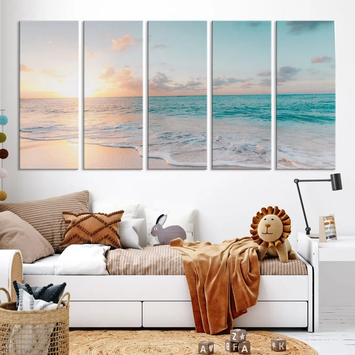 Appealing Sunset on Beach Canvas Wall Art Coastal Ocean Print