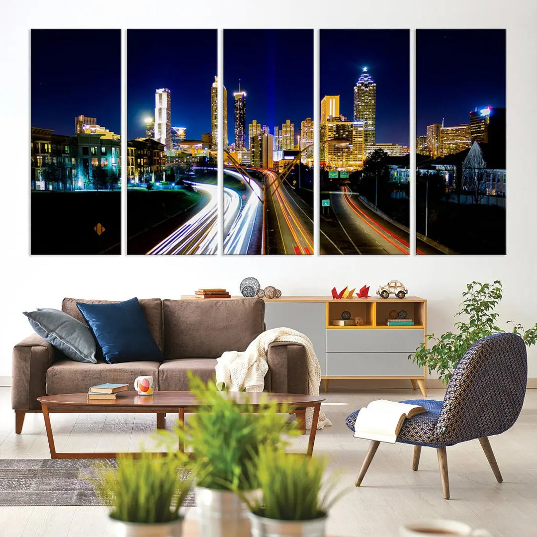 Atlanta City Lights Night Blue Skyline Wall Art Canvas Print