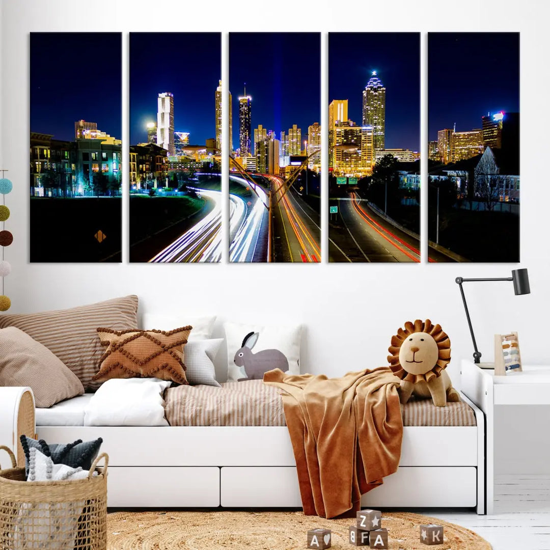 Atlanta City Lights Night Blue Skyline Wall Art Canvas Print