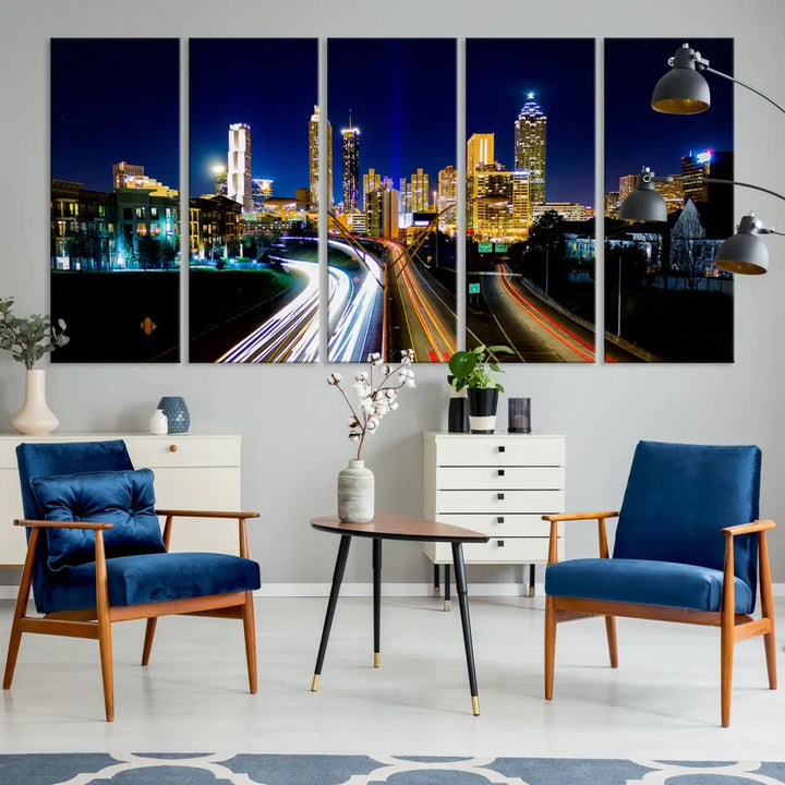 Atlanta City Lights Night Blue Skyline Wall Art Canvas Print