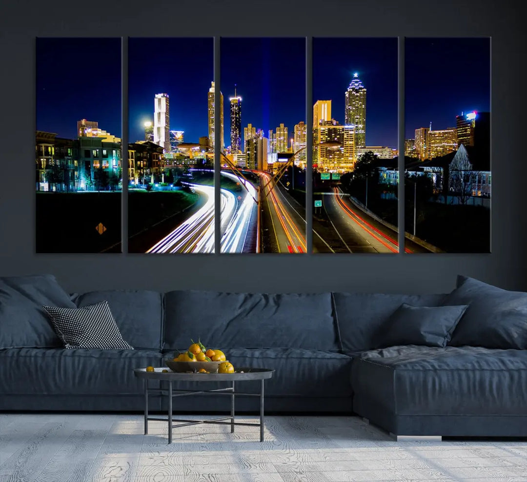 Atlanta City Lights Night Blue Skyline Wall Art Canvas Print