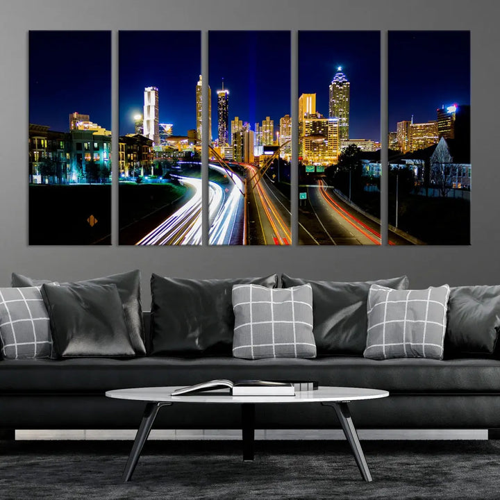 Atlanta City Lights Night Blue Skyline Wall Art Canvas Print