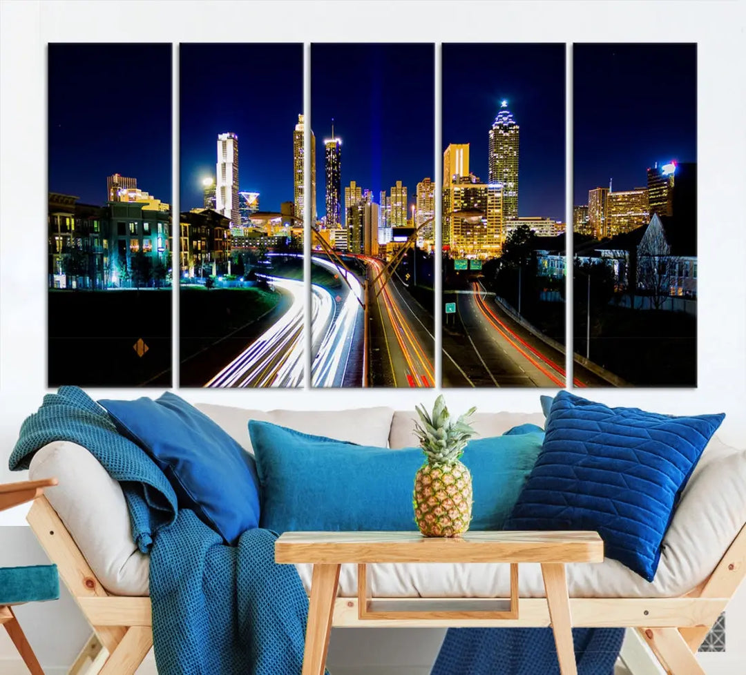 Atlanta City Lights Night Blue Skyline Wall Art Canvas Print