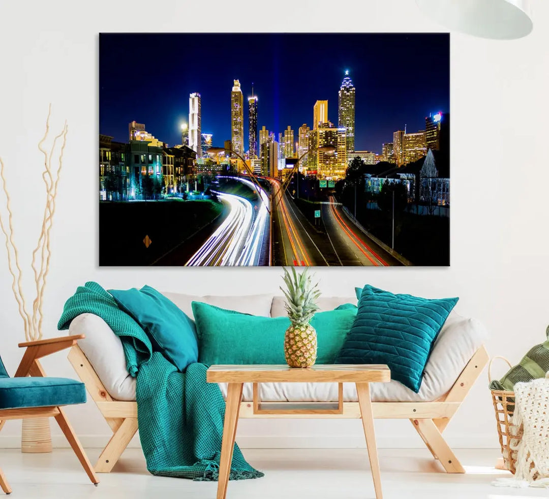 Atlanta City Lights Night Blue Skyline Wall Art Canvas Print