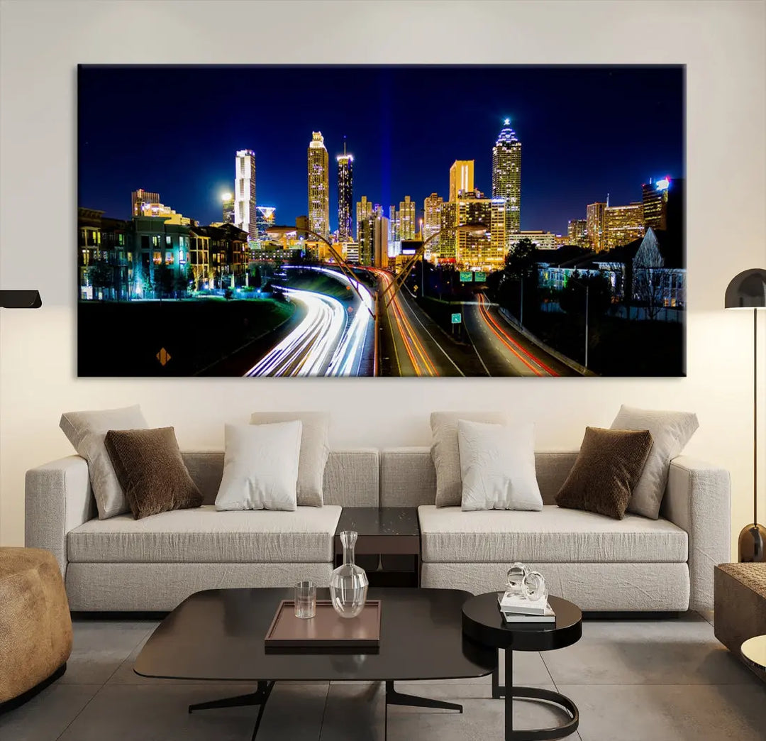 Atlanta City Lights Night Blue Skyline Wall Art Canvas Print