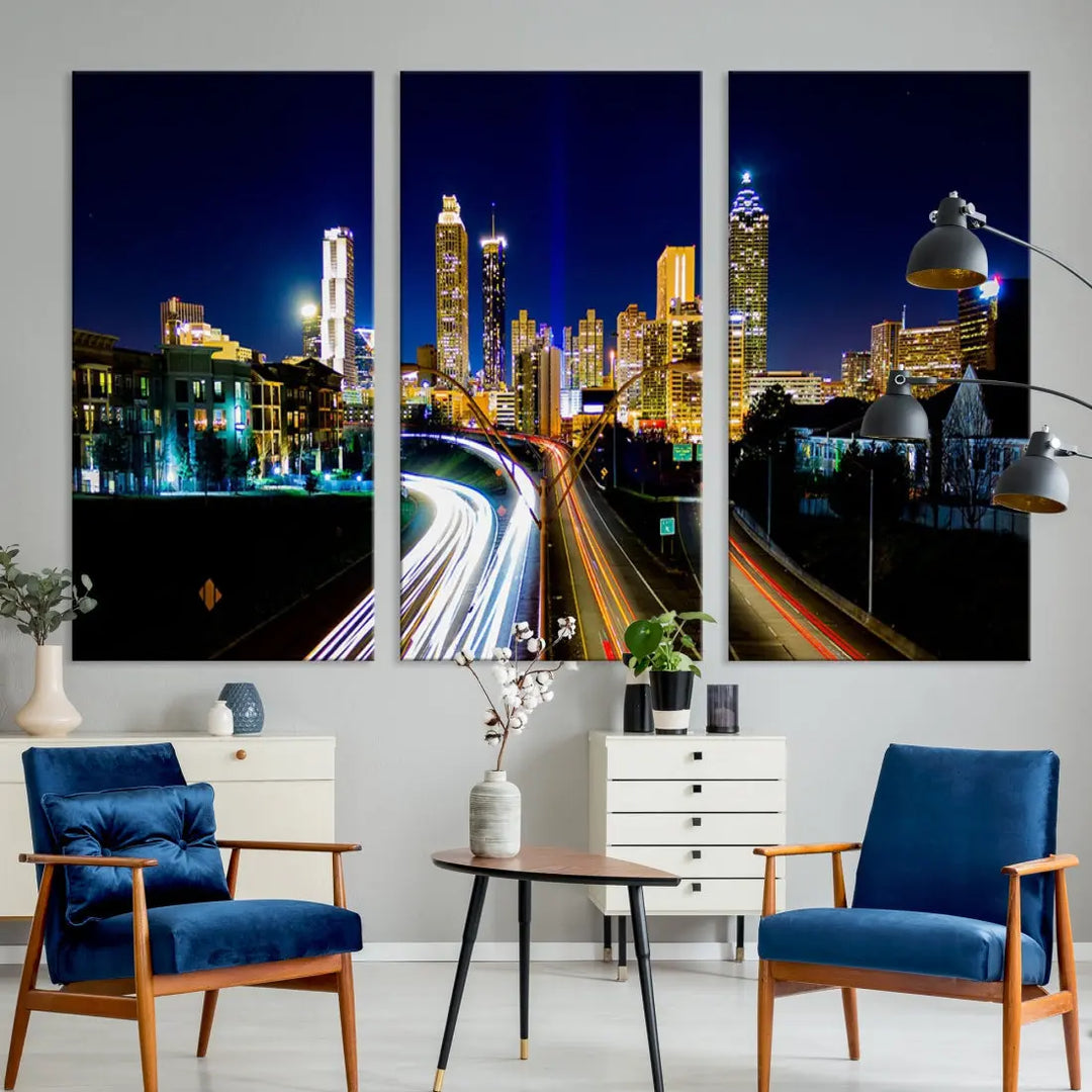 Atlanta City Lights Night Blue Skyline Wall Art Canvas Print