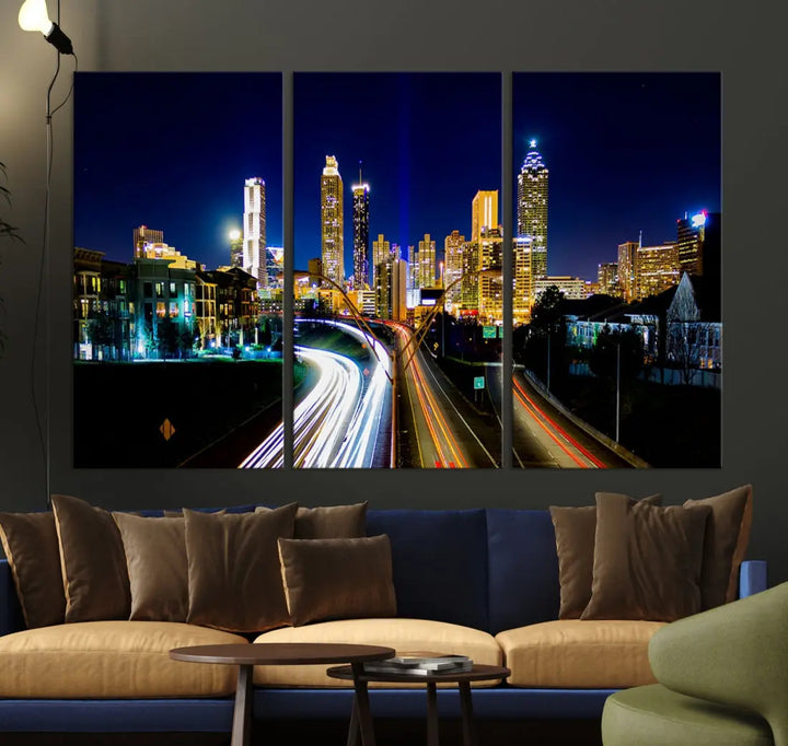 Atlanta City Lights Night Blue Skyline Wall Art Canvas Print