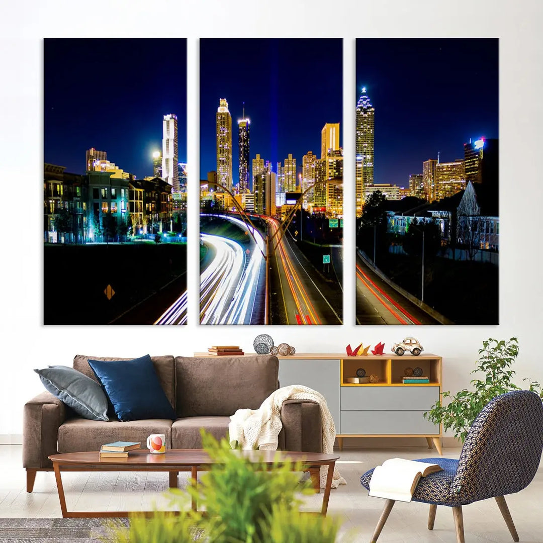 Atlanta City Lights Night Blue Skyline Wall Art Canvas Print