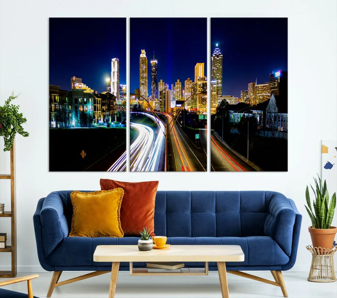 Atlanta City Lights Night Blue Skyline Wall Art Canvas Print