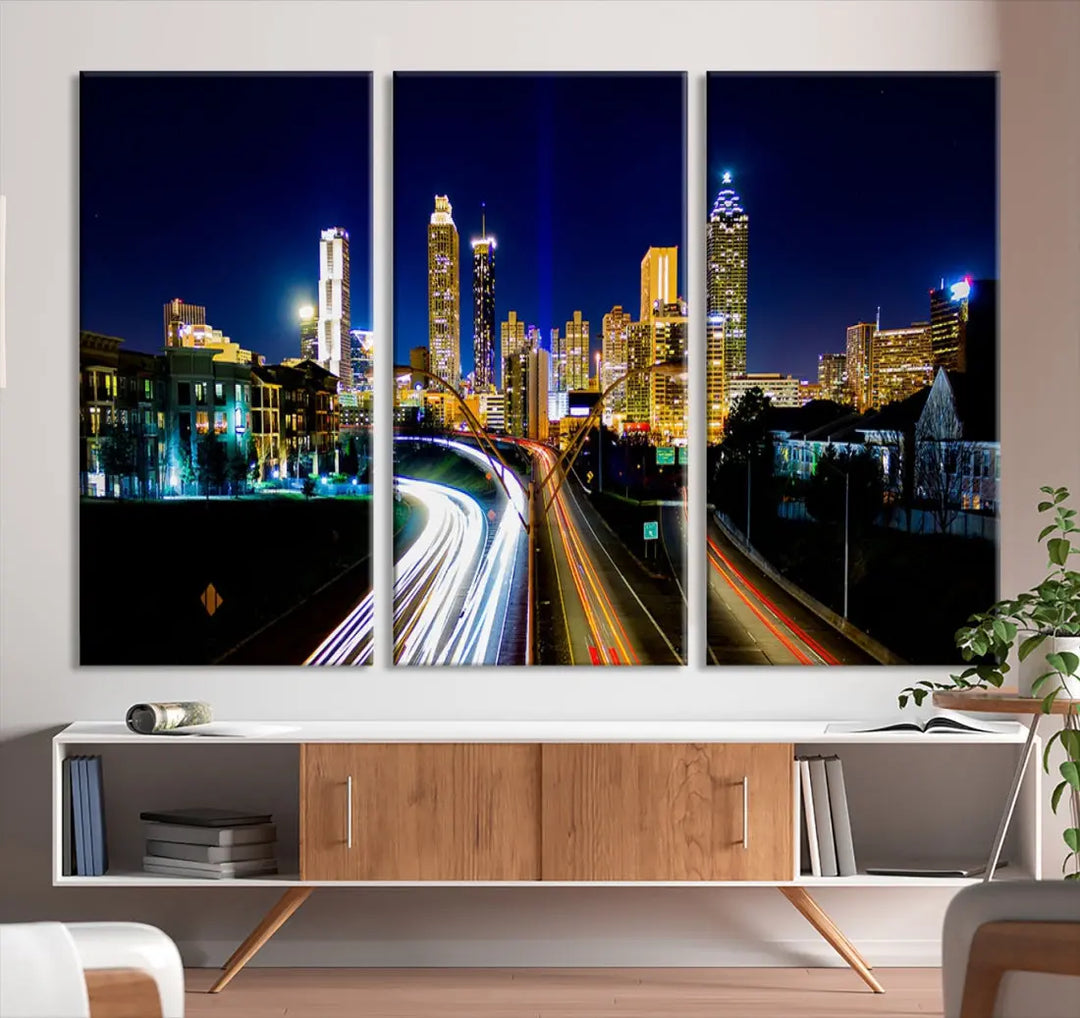 Atlanta City Lights Night Blue Skyline Wall Art Canvas Print