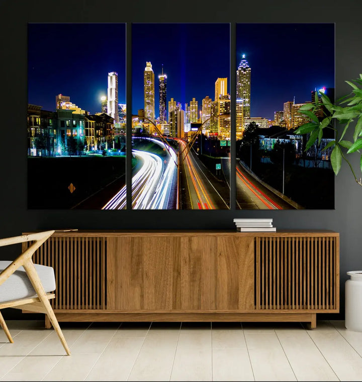 Atlanta City Lights Night Blue Skyline Wall Art Canvas Print