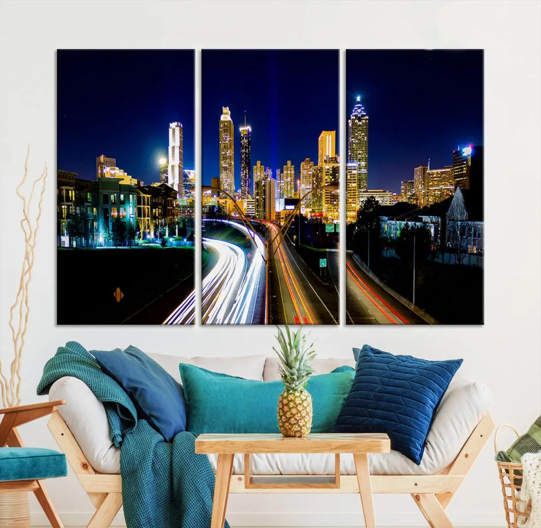 Atlanta City Lights Night Blue Skyline Wall Art Canvas Print