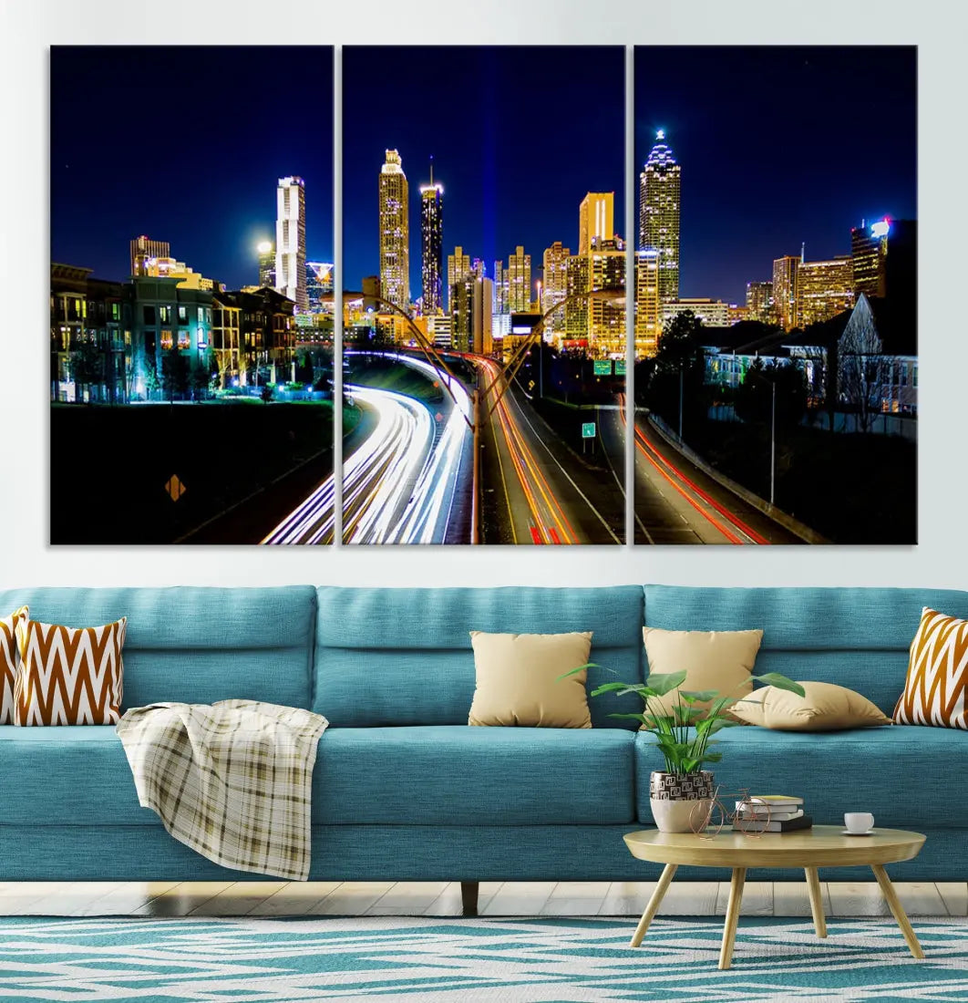 Atlanta City Lights Night Blue Skyline Wall Art Canvas Print