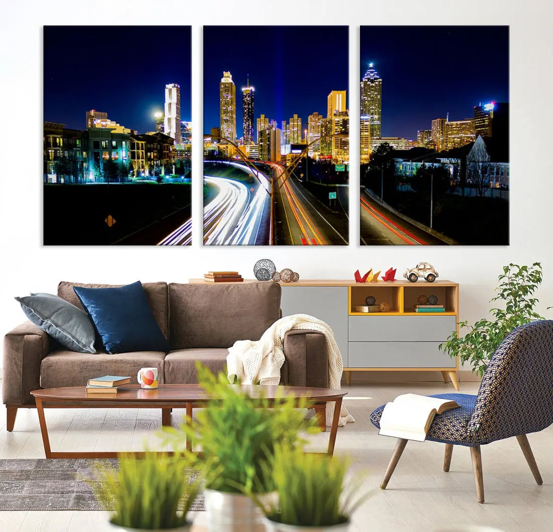 Atlanta City Lights Night Blue Skyline Wall Art Canvas Print