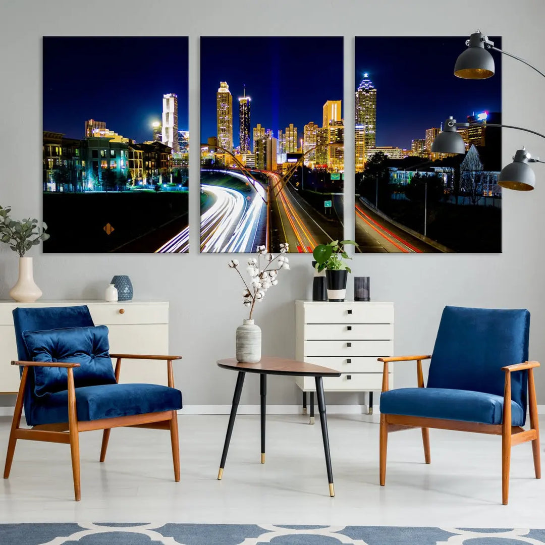 Atlanta City Lights Night Blue Skyline Wall Art Canvas Print