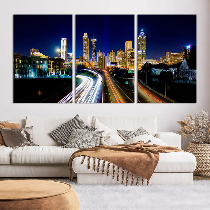 Atlanta City Lights Night Blue Skyline Wall Art Canvas Print