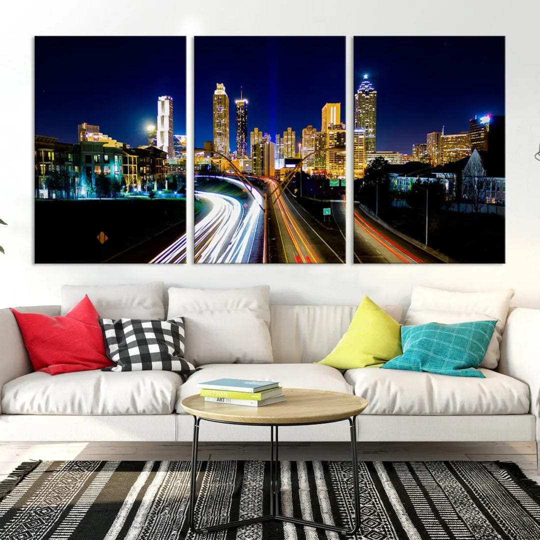 Atlanta City Lights Night Blue Skyline Wall Art Canvas Print