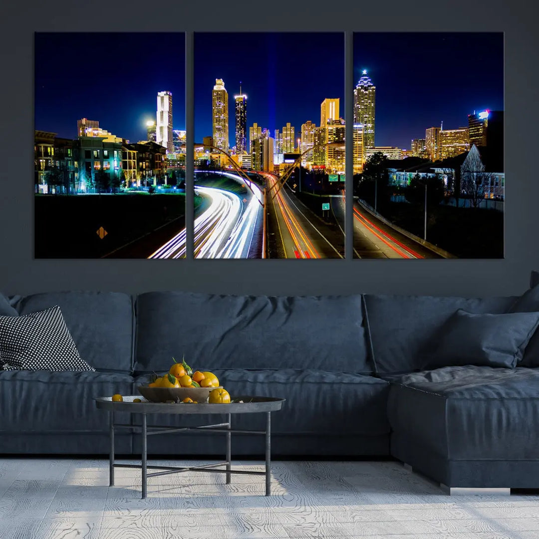 Atlanta City Lights Night Blue Skyline Wall Art Canvas Print