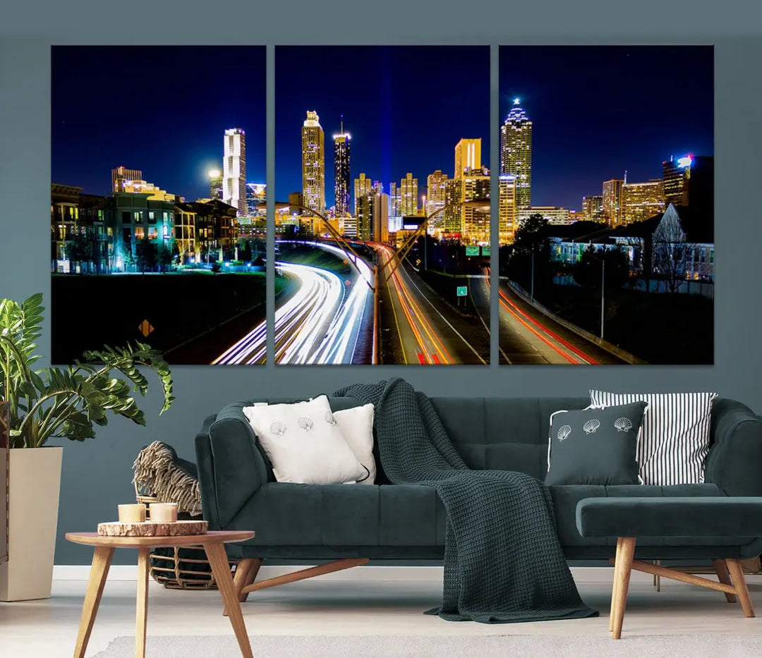 Atlanta City Lights Night Blue Skyline Wall Art Canvas Print