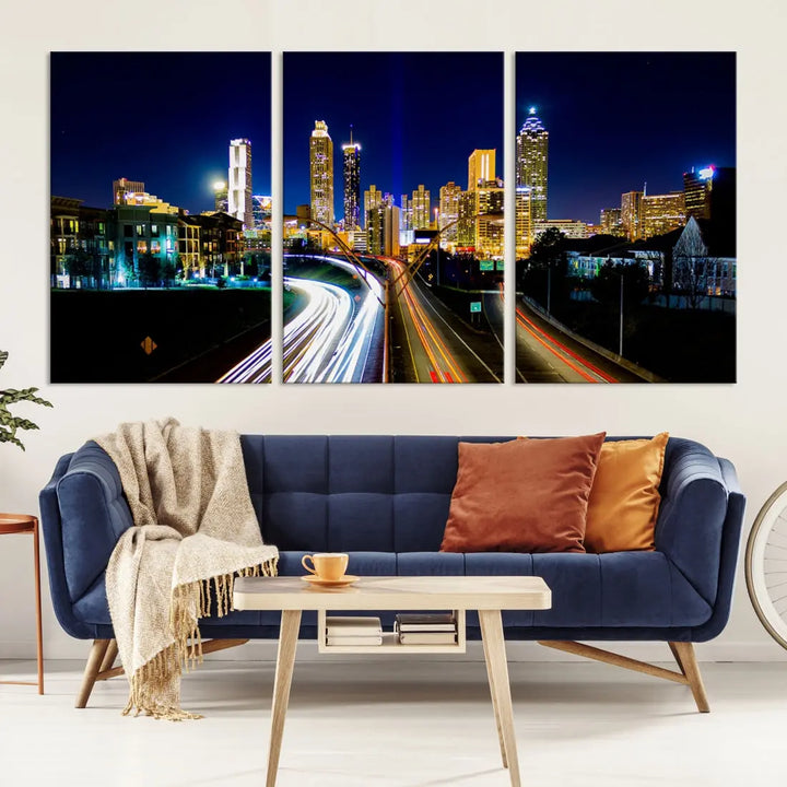 Atlanta City Lights Night Blue Skyline Wall Art Canvas Print