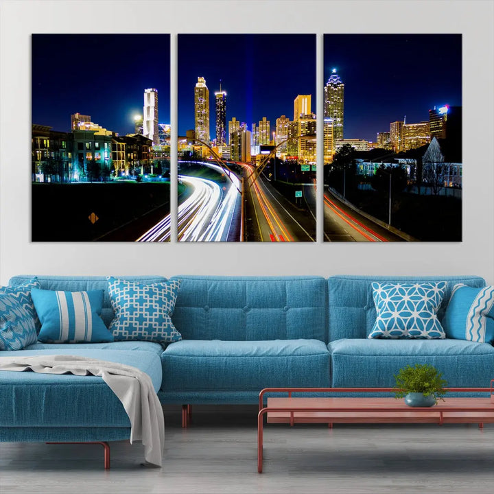 Atlanta City Lights Night Blue Skyline Wall Art Canvas Print