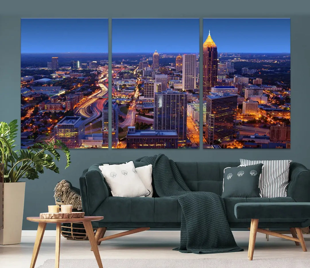 Atlanta City Lights Night Blue Skyline Wall Art Print Cityscape Canvas Art