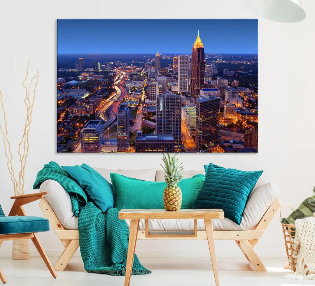 Atlanta City Lights Night Blue Skyline Wall Art Print Cityscape Canvas Art