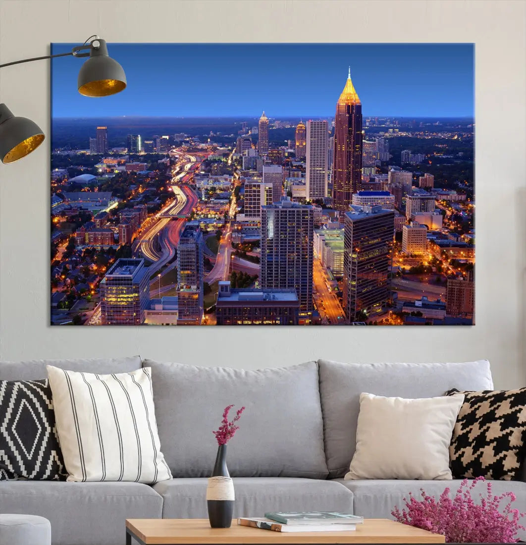 Atlanta City Lights Night Blue Skyline Wall Art Print Cityscape Canvas Art