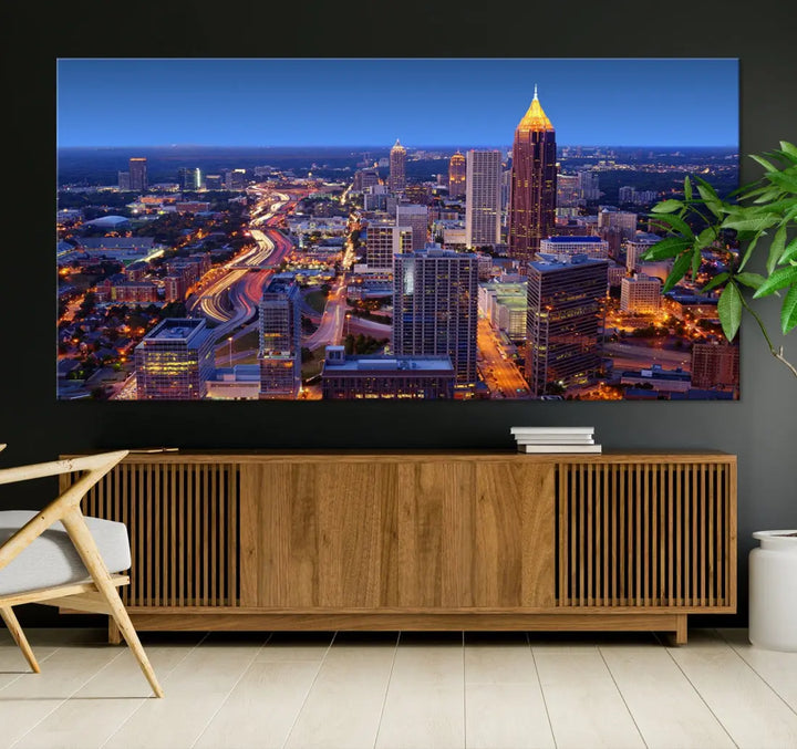 Atlanta City Lights Night Blue Skyline Wall Art Print Cityscape Canvas Art