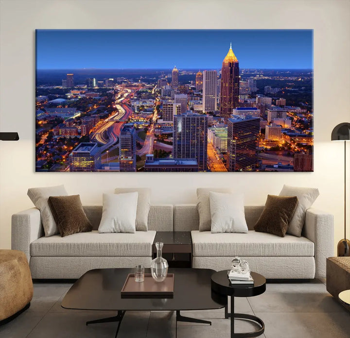 Atlanta City Lights Night Blue Skyline Wall Art Print Cityscape Canvas Art