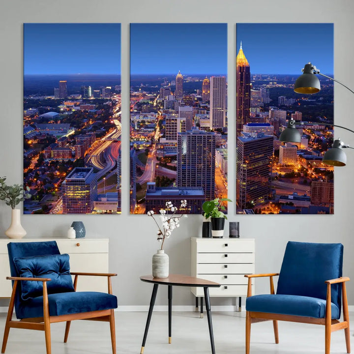 Atlanta City Lights Night Blue Skyline Wall Art Print Cityscape Canvas Art