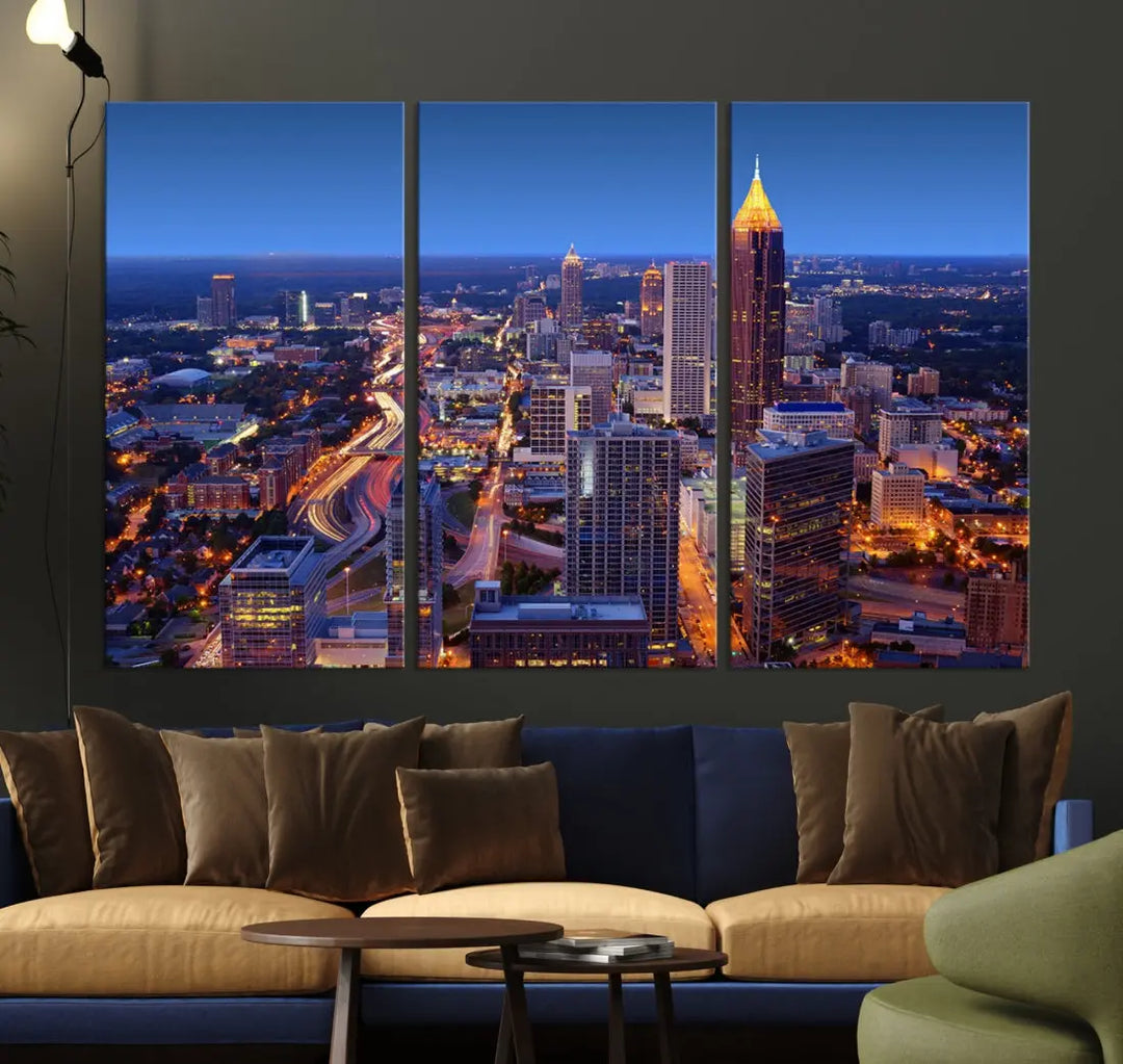 Atlanta City Lights Night Blue Skyline Wall Art Print Cityscape Canvas Art