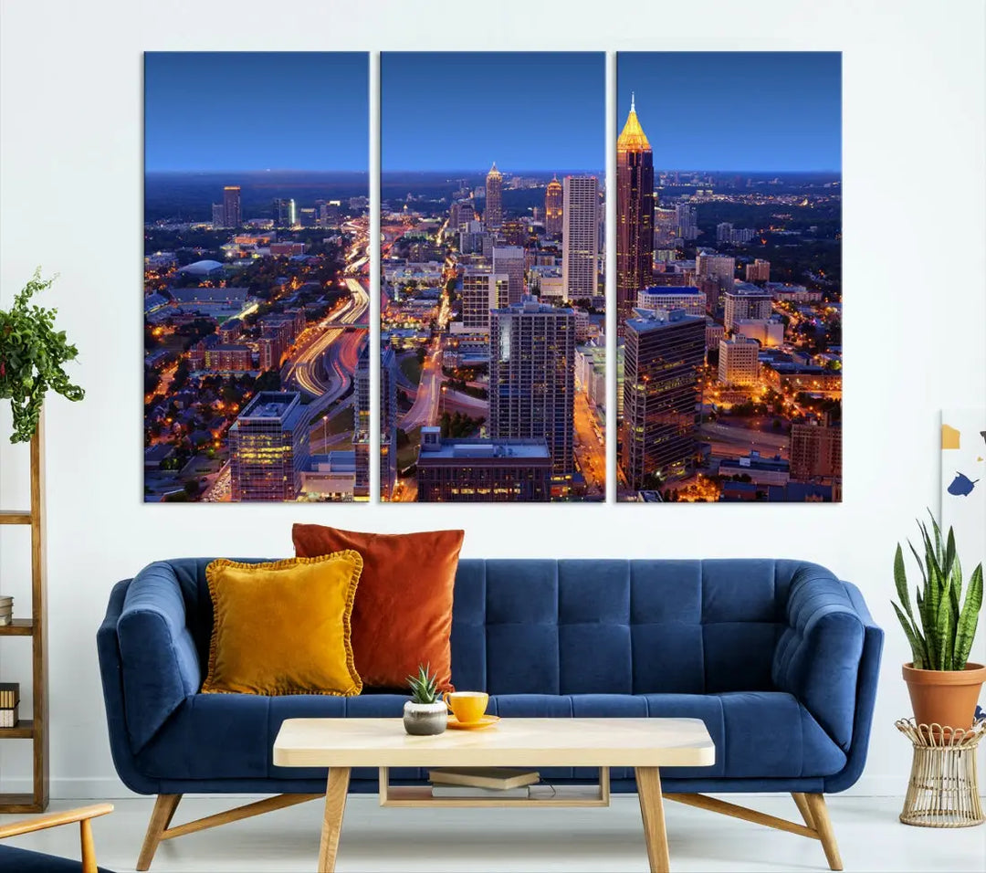 Atlanta City Lights Night Blue Skyline Wall Art Print Cityscape Canvas Art