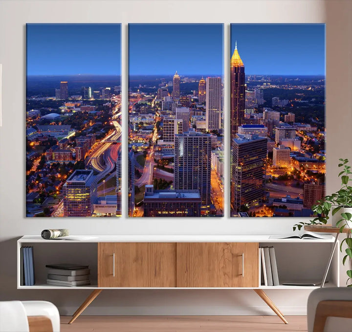 Atlanta City Lights Night Blue Skyline Wall Art Print Cityscape Canvas Art