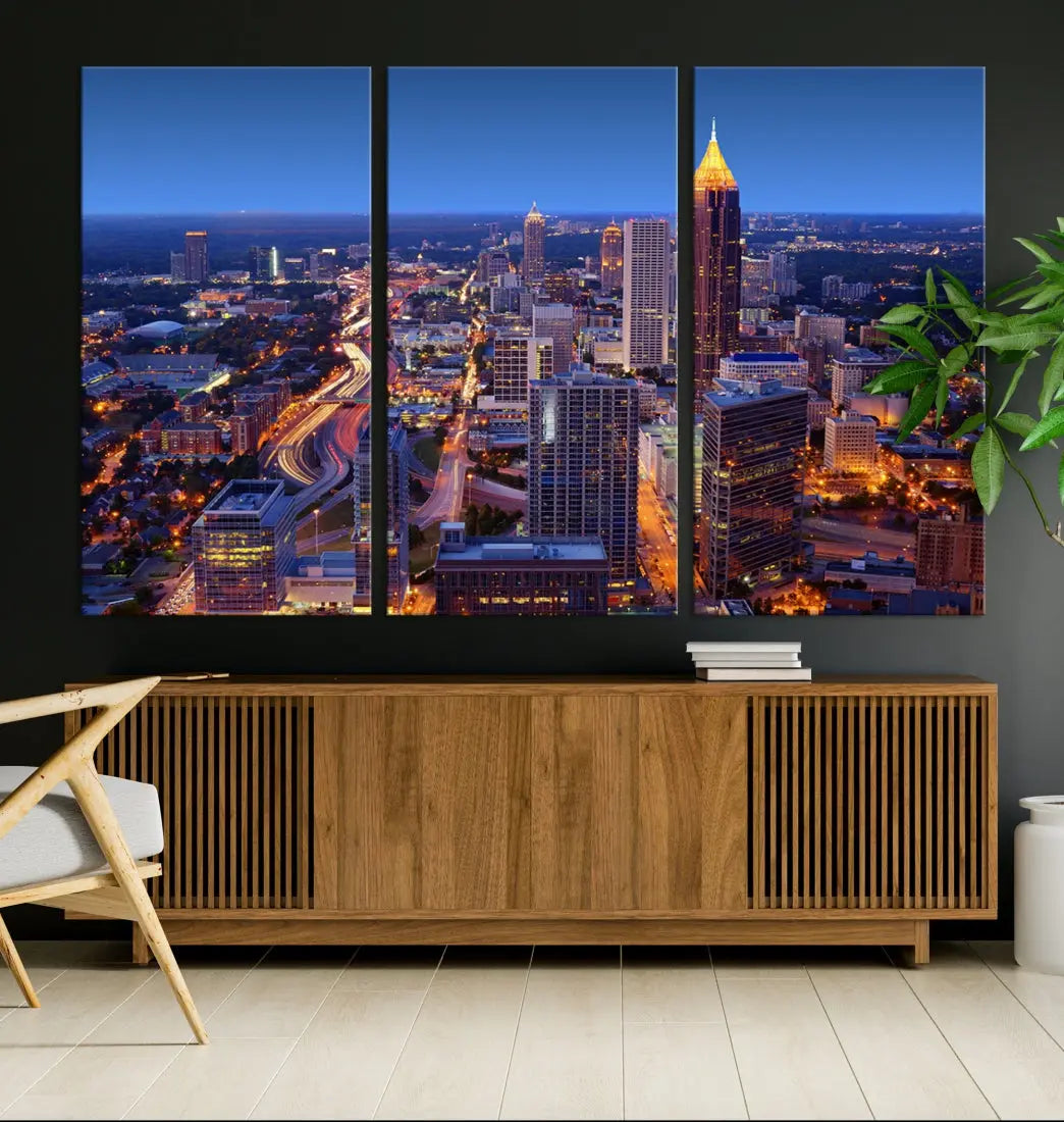 Atlanta City Lights Night Blue Skyline Wall Art Print Cityscape Canvas Art