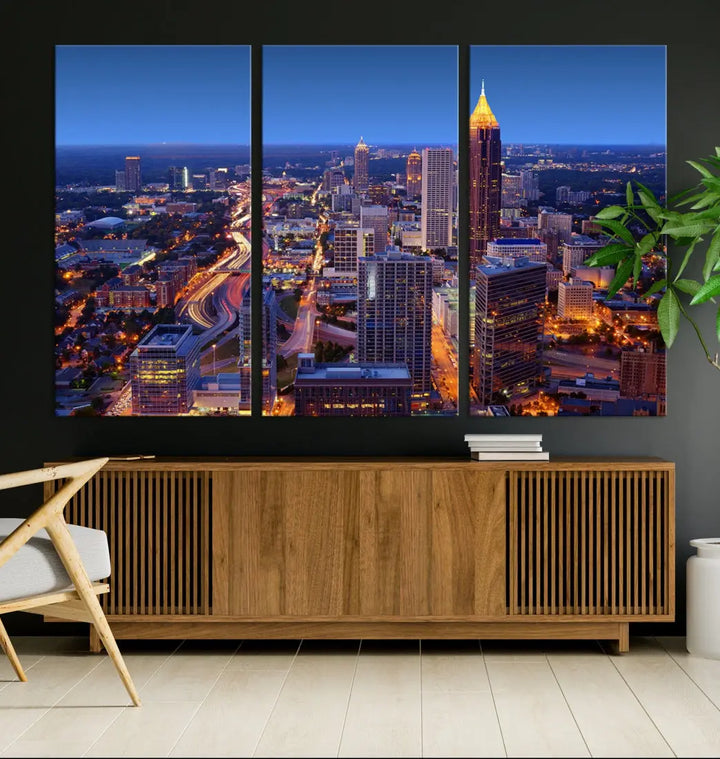 Atlanta City Lights Night Blue Skyline Wall Art Print Cityscape Canvas Art