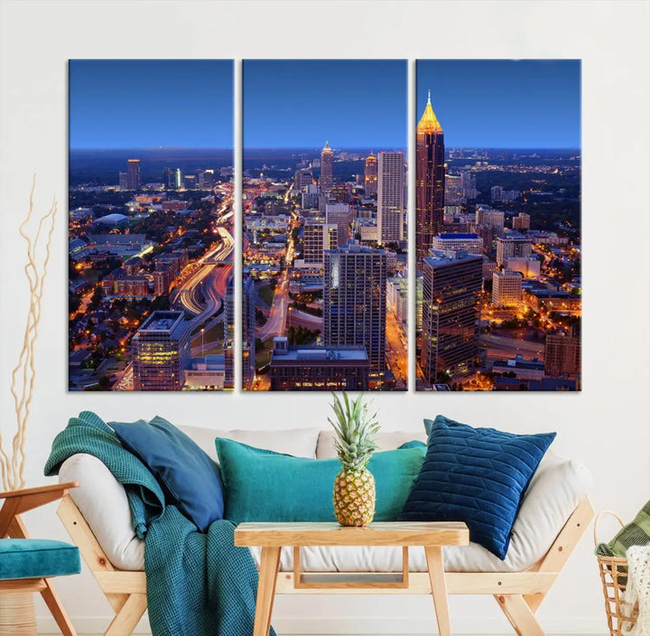 Atlanta City Lights Night Blue Skyline Wall Art Print Cityscape Canvas Art