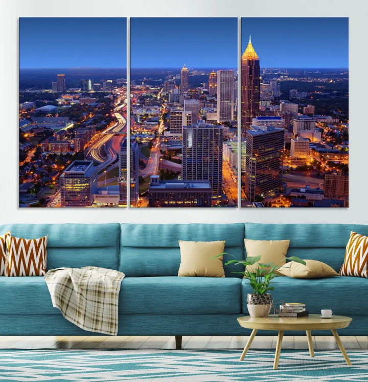 Atlanta City Lights Night Blue Skyline Wall Art Print Cityscape Canvas Art