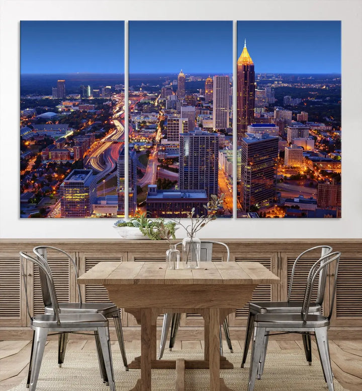 Atlanta City Lights Night Blue Skyline Wall Art Print Cityscape Canvas Art