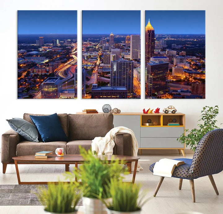 Atlanta City Lights Night Blue Skyline Wall Art Print Cityscape Canvas Art