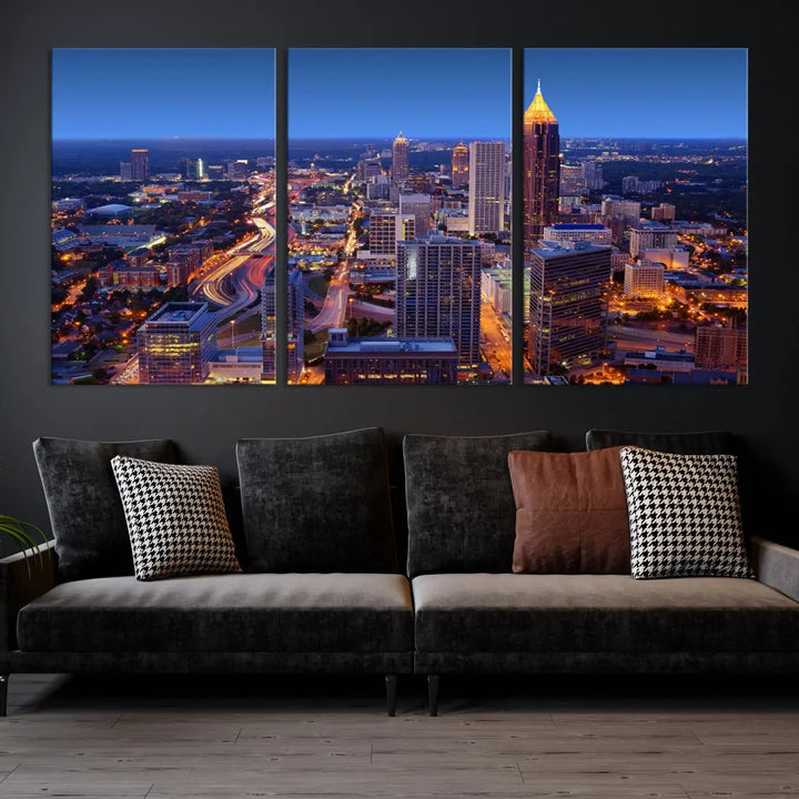 Atlanta City Lights Night Blue Skyline Wall Art Print Cityscape Canvas Art