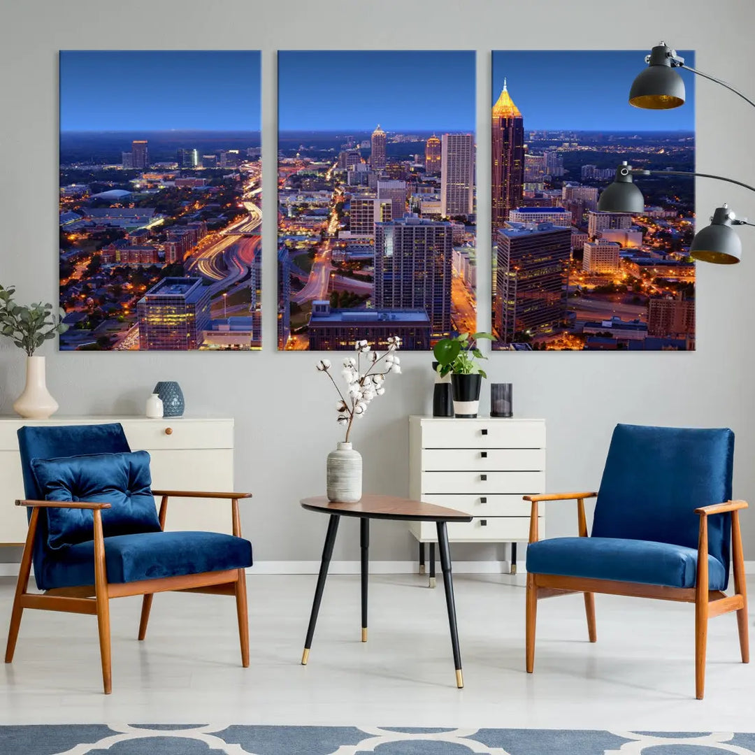 Atlanta City Lights Night Blue Skyline Wall Art Print Cityscape Canvas Art