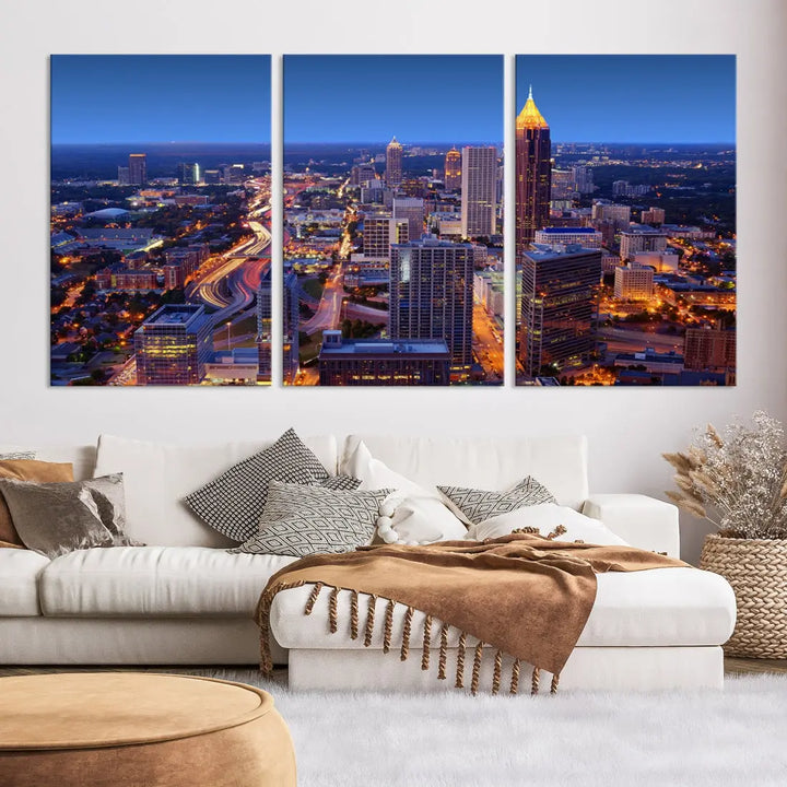 Atlanta City Lights Night Blue Skyline Wall Art Print Cityscape Canvas Art