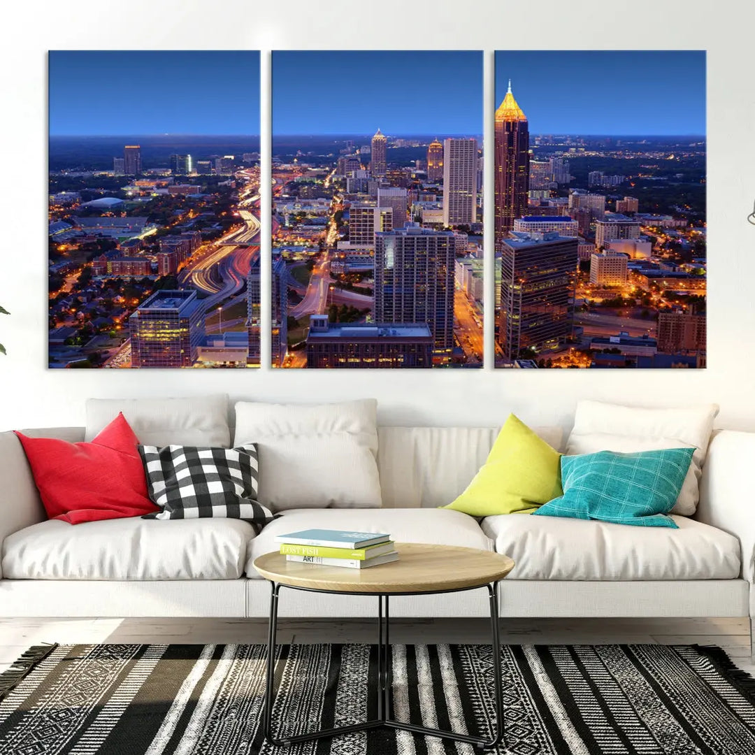 Atlanta City Lights Night Blue Skyline Wall Art Print Cityscape Canvas Art